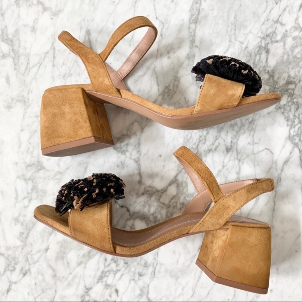 Zara Pom Detail Block Heel Camel Suede Sandal 36